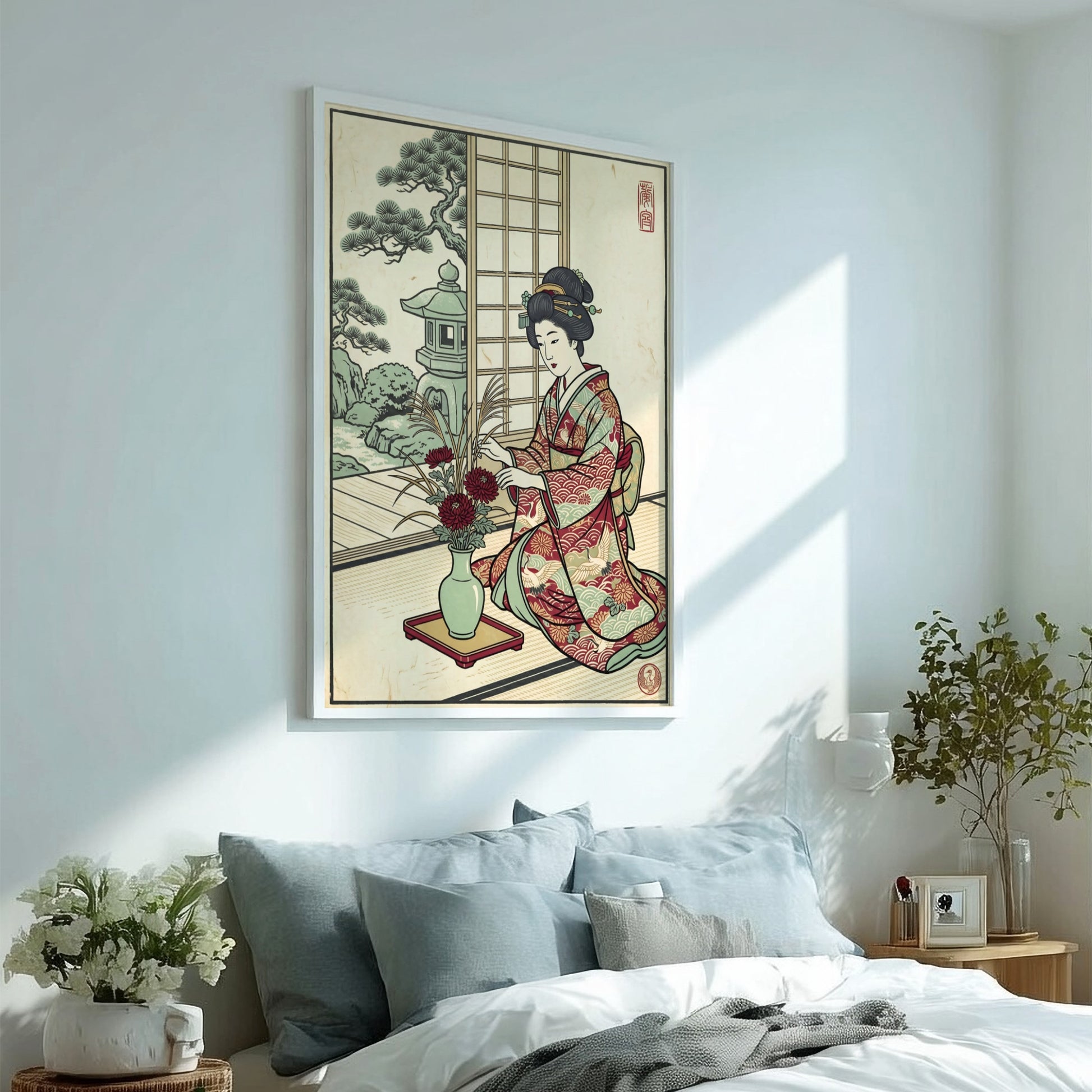 Japanese art style poster featuring a woman arranging flowers in a garden