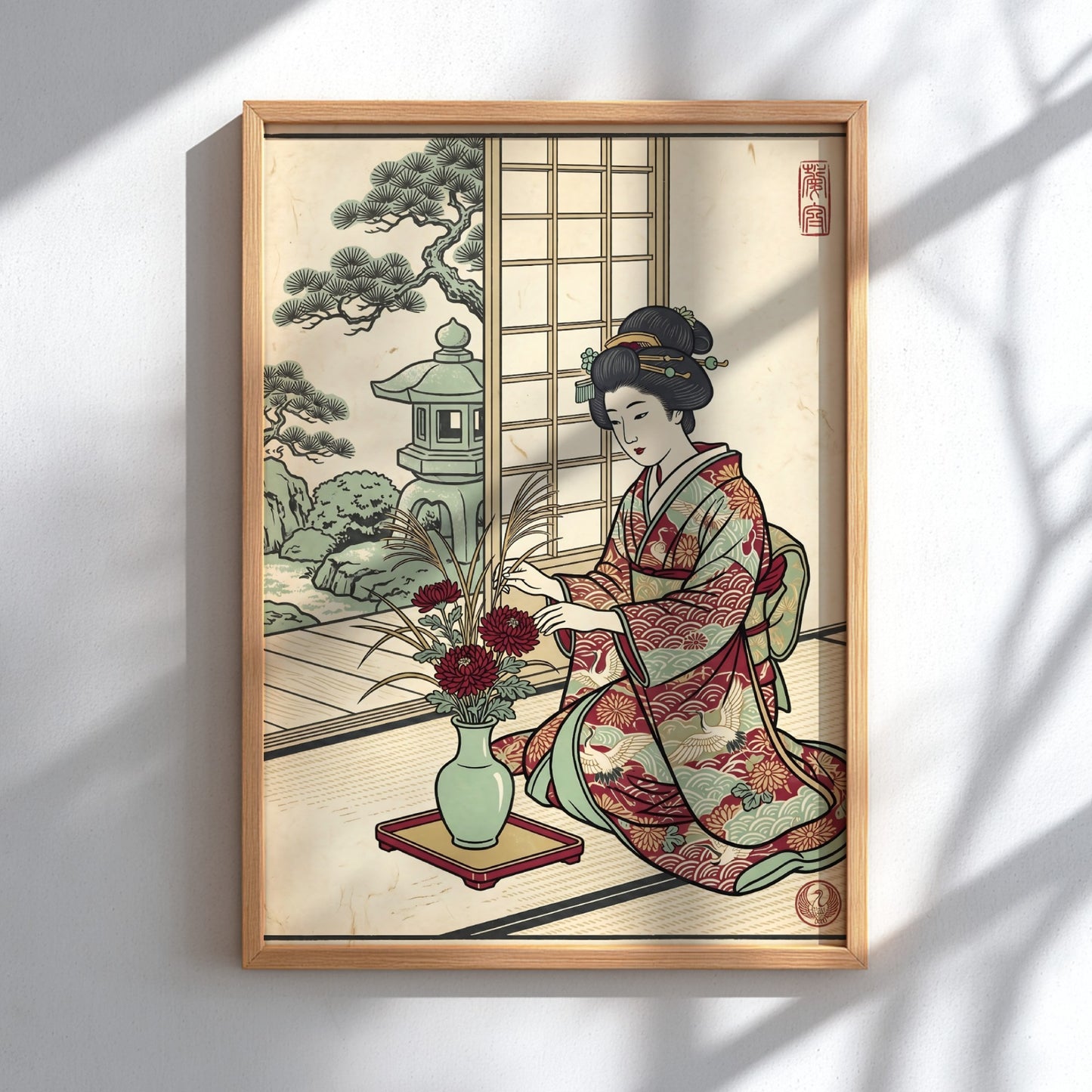 Japanese art style poster featuring a woman arranging flowers in a garden