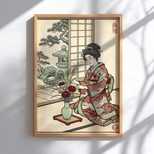 Japanese art style poster featuring a woman arranging flowers in a garden