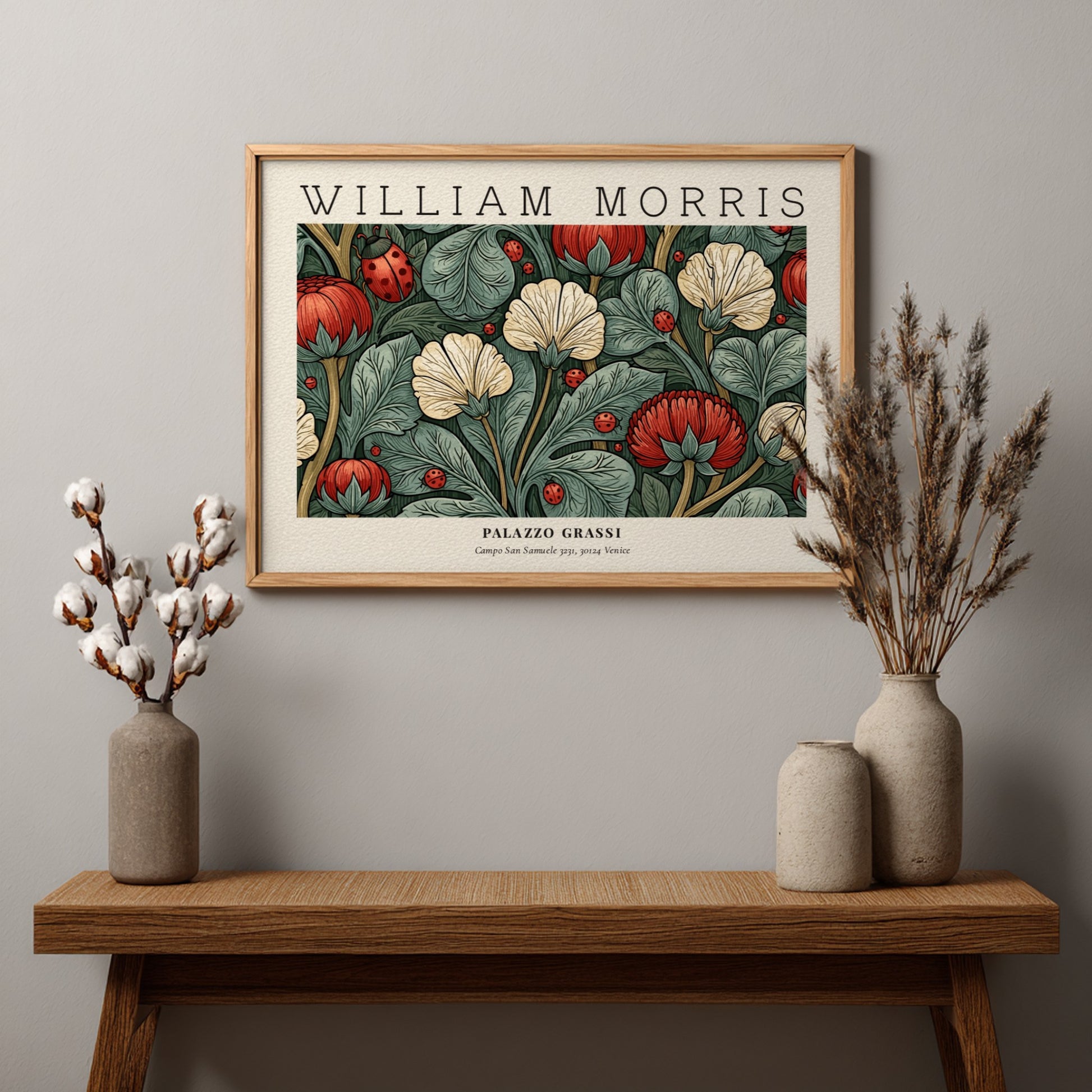 Wall art print featuring floral patterns in rich colors by William Morris