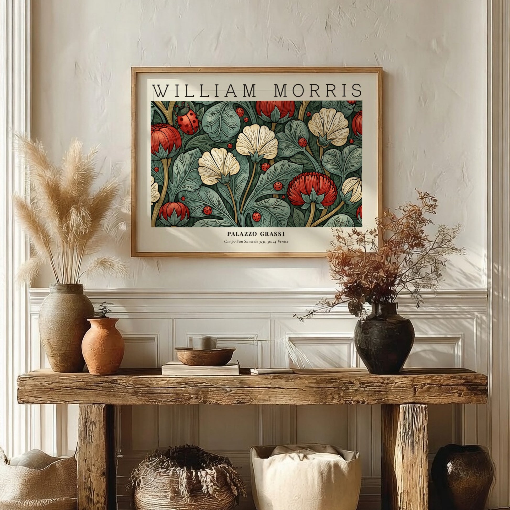 Wall art print featuring floral patterns in rich colors by William Morris