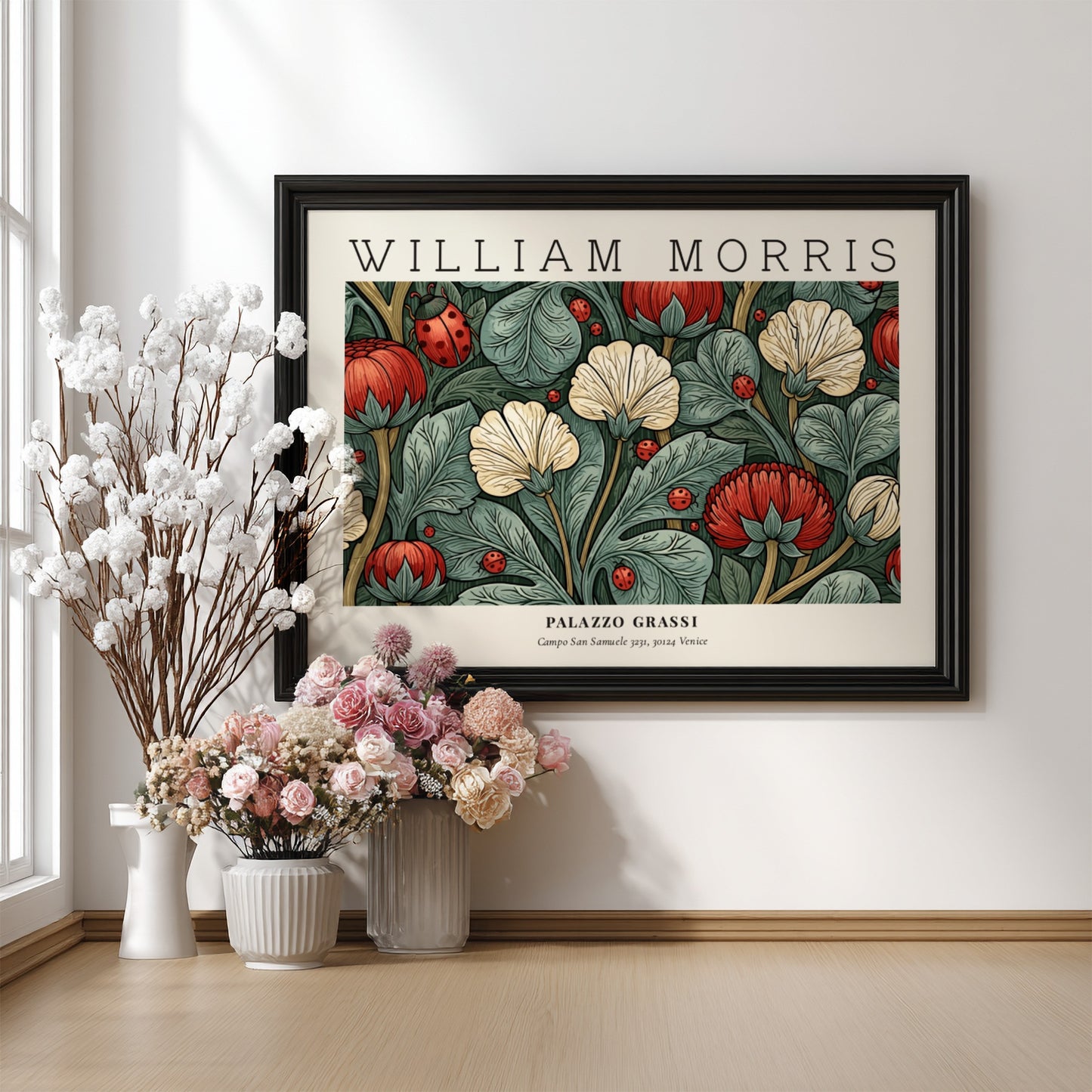 Wall art print featuring floral patterns in rich colors by William Morris