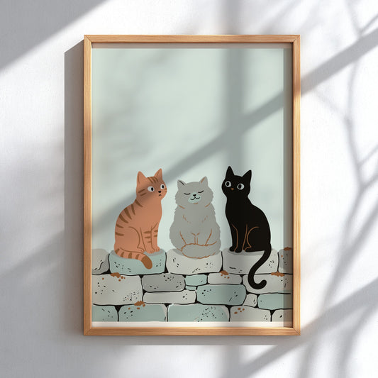 Poster featuring three cats in ginger, grey, and black sitting on a stone wall.