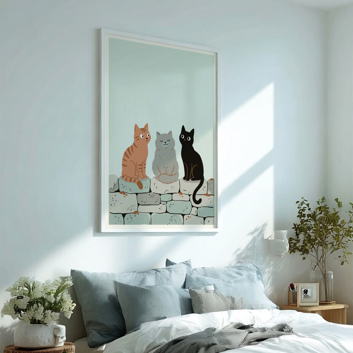 Poster featuring three cats in ginger, grey, and black sitting on a stone wall.