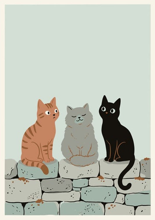 Poster featuring three cats in ginger, grey, and black sitting on a stone wall.