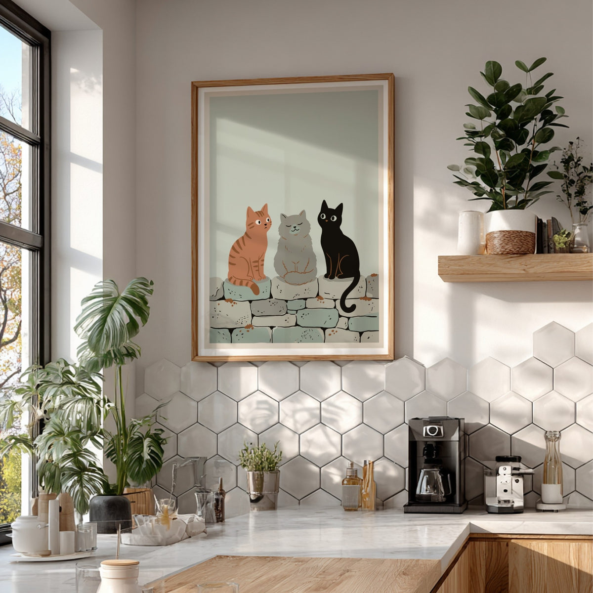 Poster featuring three cats in ginger, grey, and black sitting on a stone wall.