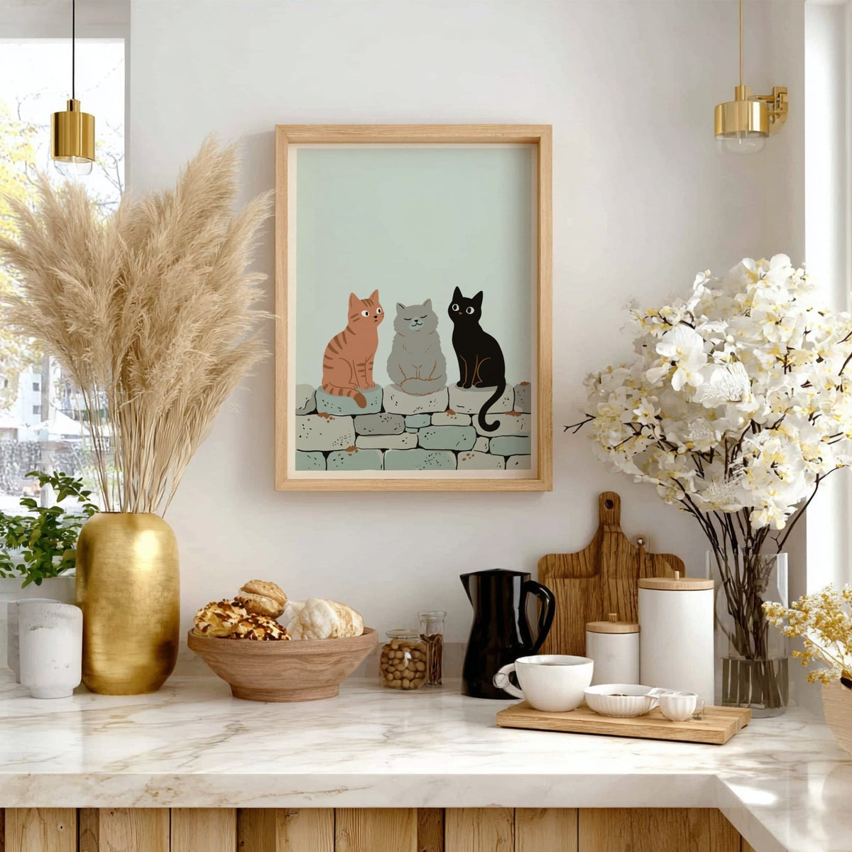 Poster featuring three cats in ginger, grey, and black sitting on a stone wall.