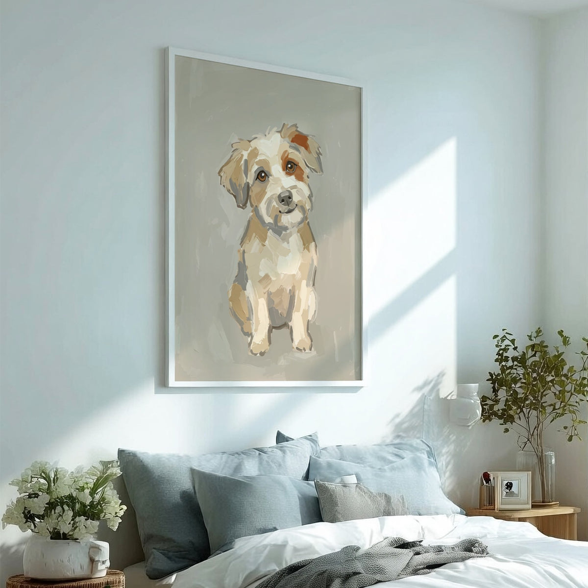Poster featuring an expressive, painterly portrait of a scruffy terrier in warm neutral tones.