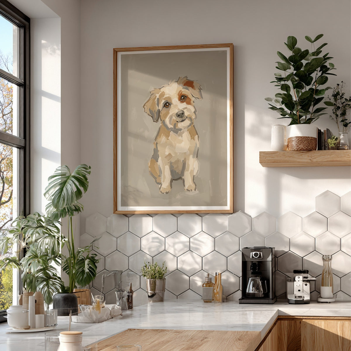Poster featuring an expressive, painterly portrait of a scruffy terrier in warm neutral tones.