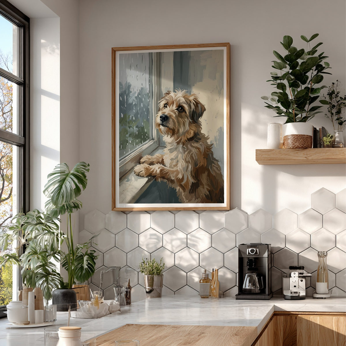 Poster of a scruffy brown terrier dog looking out a rainy window, painterly style.