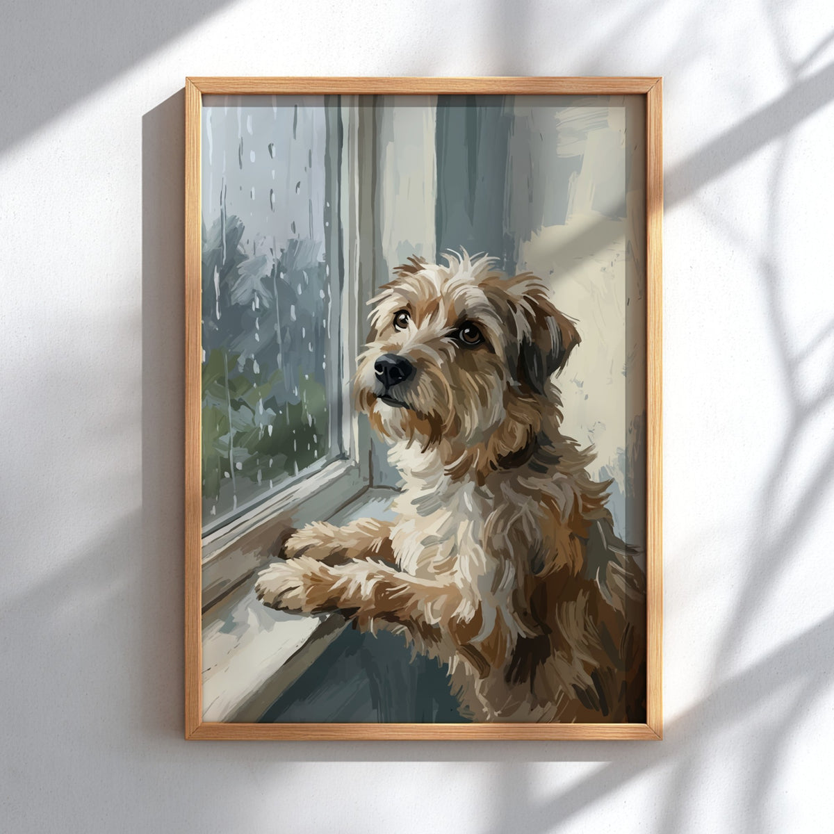 Poster of a scruffy brown terrier dog looking out a rainy window, painterly style.