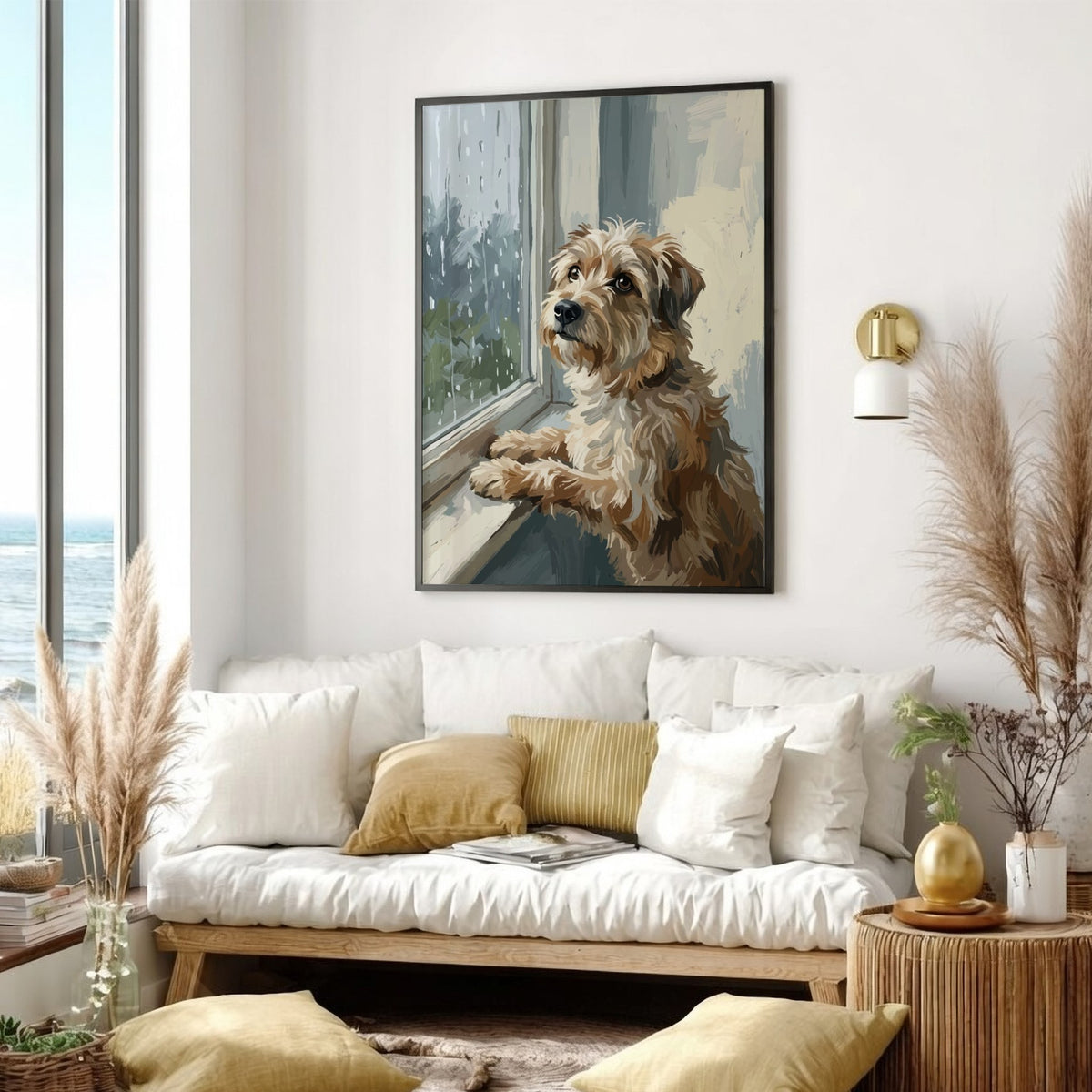 Poster of a scruffy brown terrier dog looking out a rainy window, painterly style.
