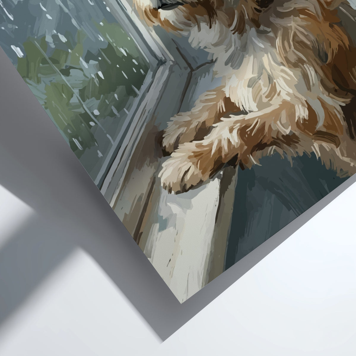 Poster of a scruffy brown terrier dog looking out a rainy window, painterly style.