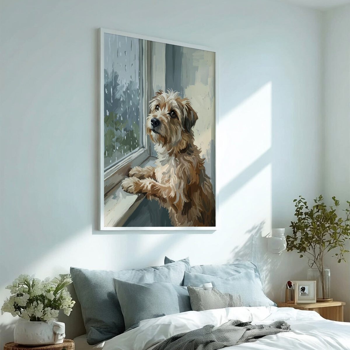 Poster of a scruffy brown terrier dog looking out a rainy window, painterly style.