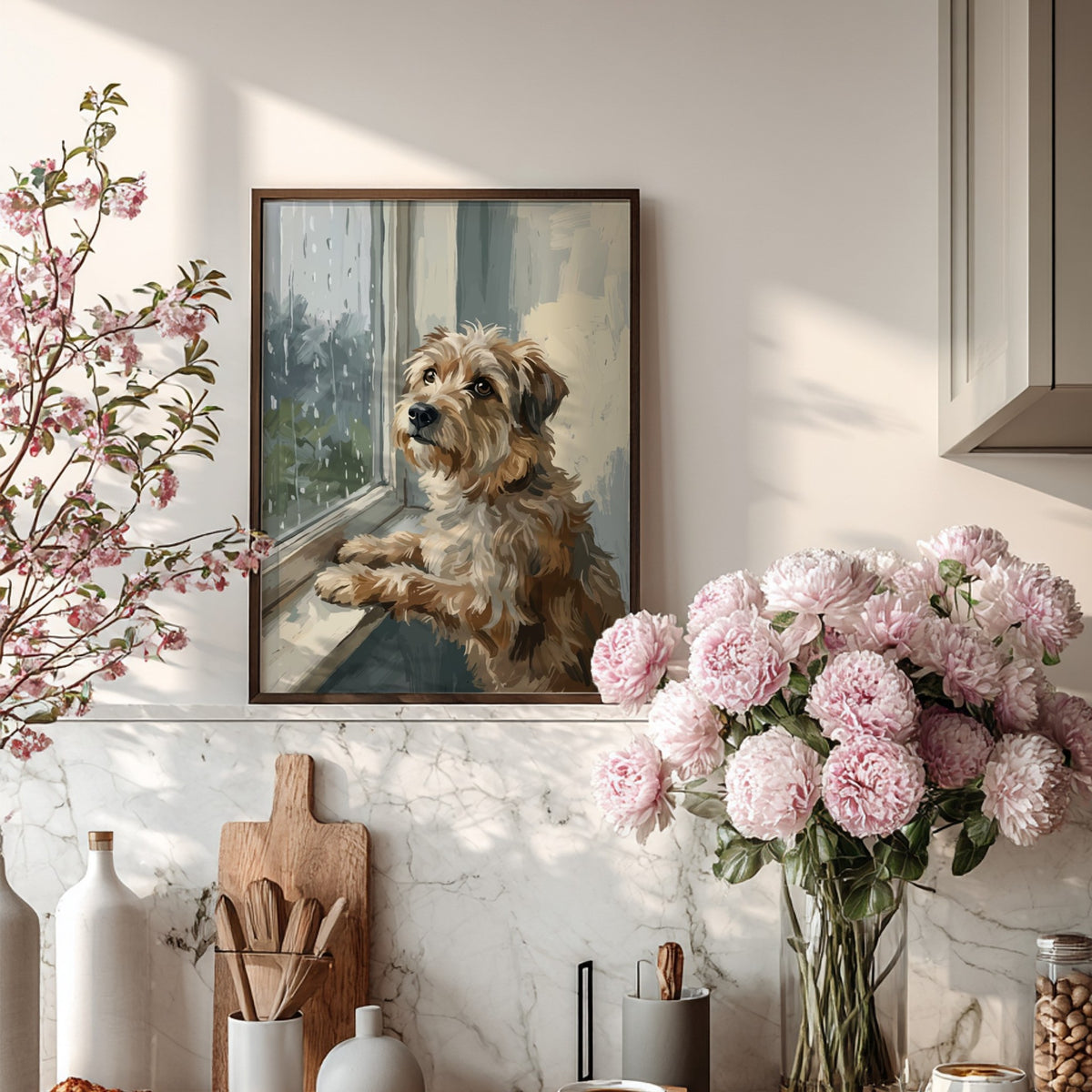 Poster of a scruffy brown terrier dog looking out a rainy window, painterly style.