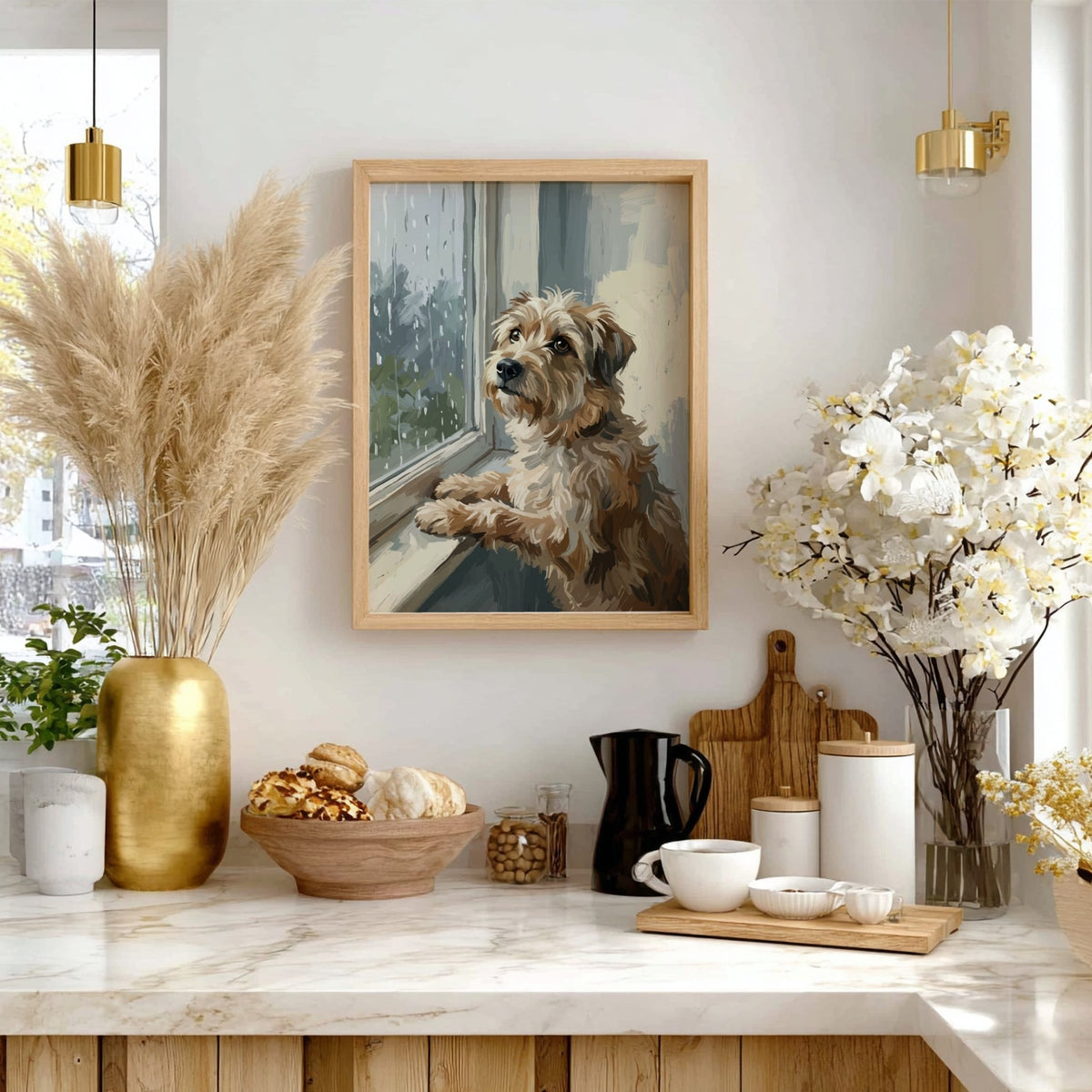 Poster of a scruffy brown terrier dog looking out a rainy window, painterly style.