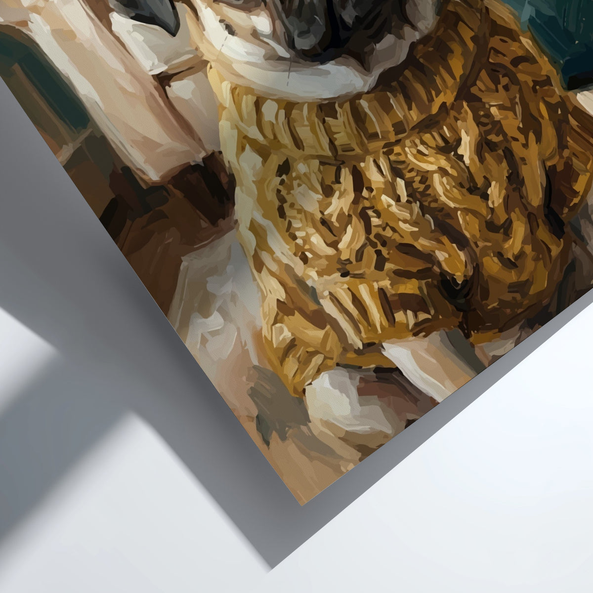 Poster of an expressive pug wearing a textured golden cable knit sweater indoors
