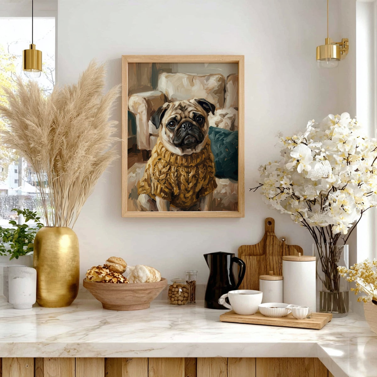 Poster of an expressive pug wearing a textured golden cable knit sweater indoors