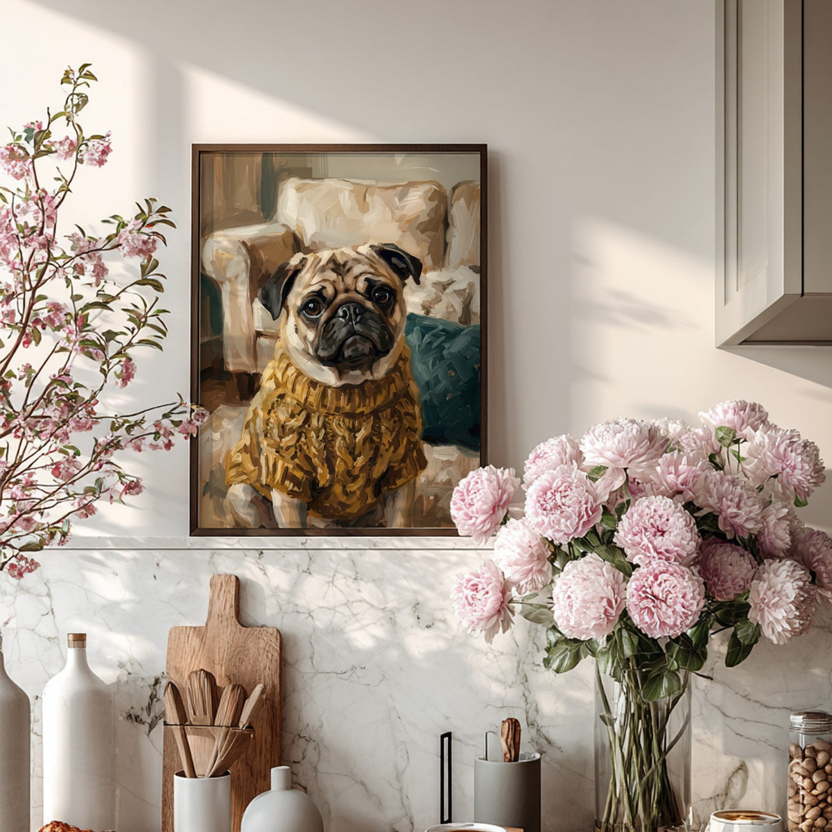 Poster of an expressive pug wearing a textured golden cable knit sweater indoors
