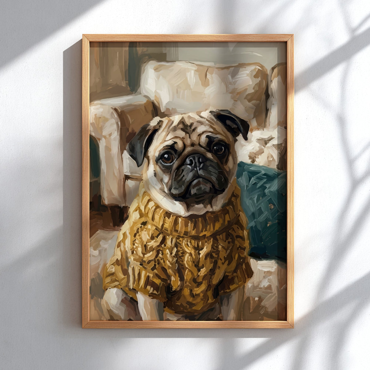 Poster of an expressive pug wearing a textured golden cable knit sweater indoors