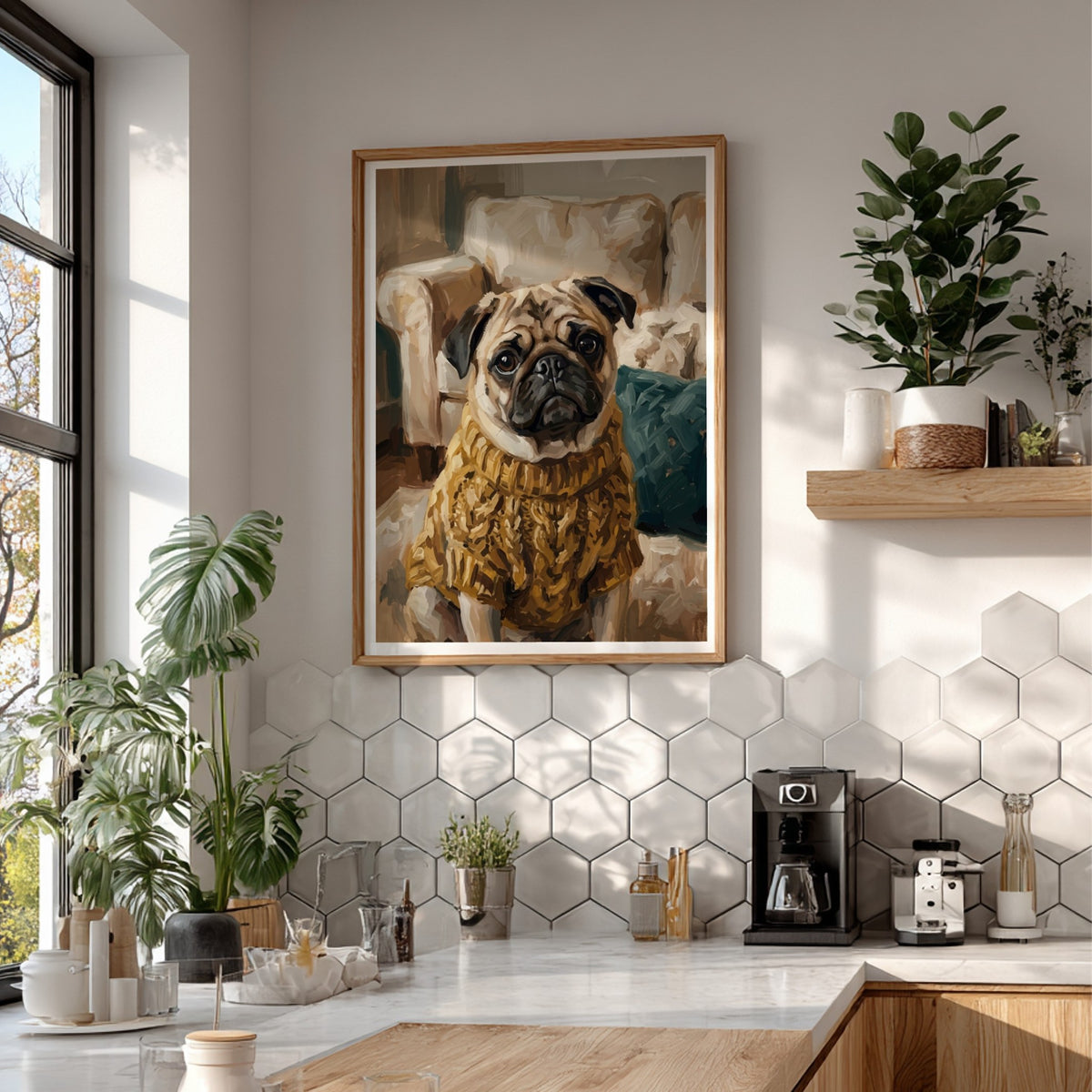Poster of an expressive pug wearing a textured golden cable knit sweater indoors