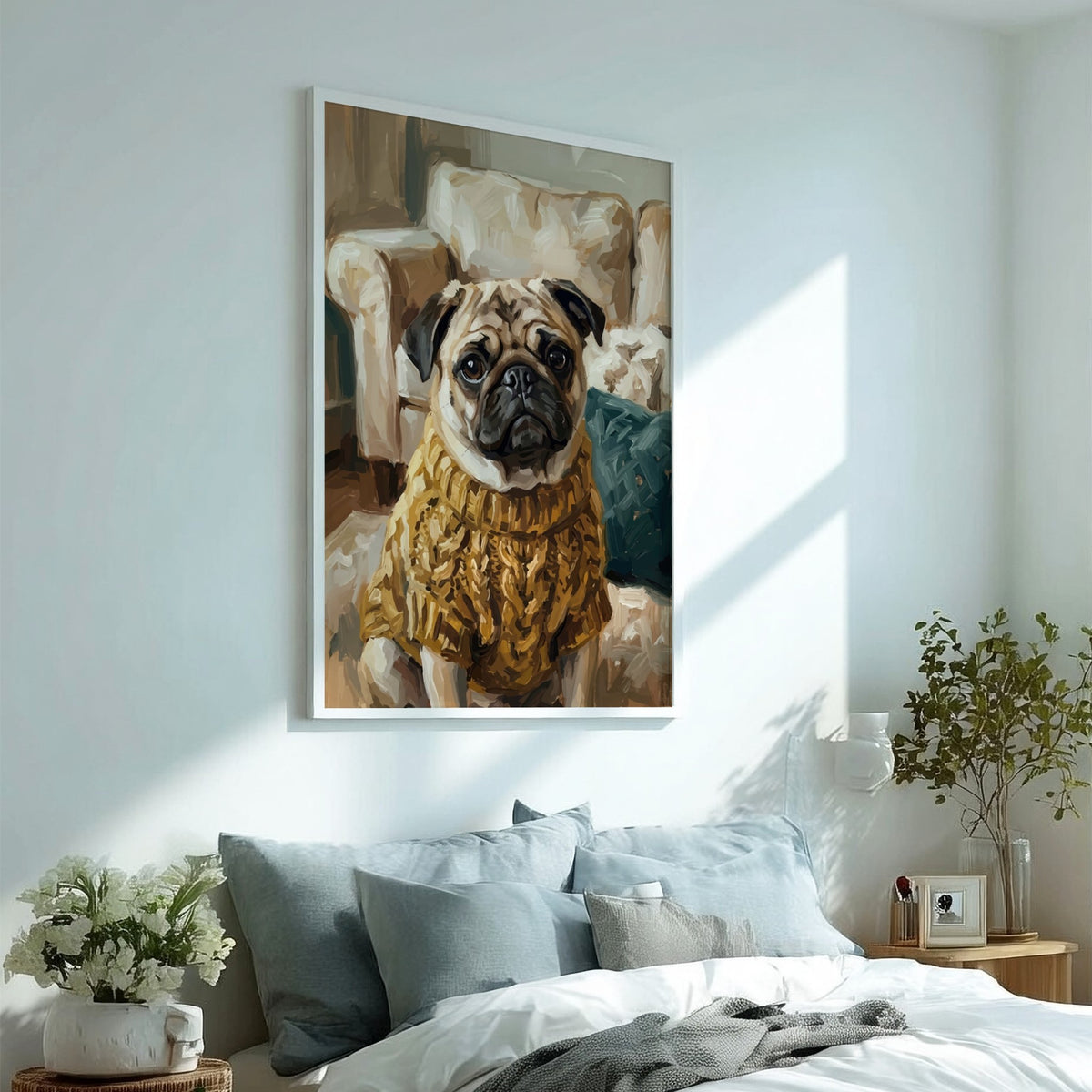 Poster of an expressive pug wearing a textured golden cable knit sweater indoors