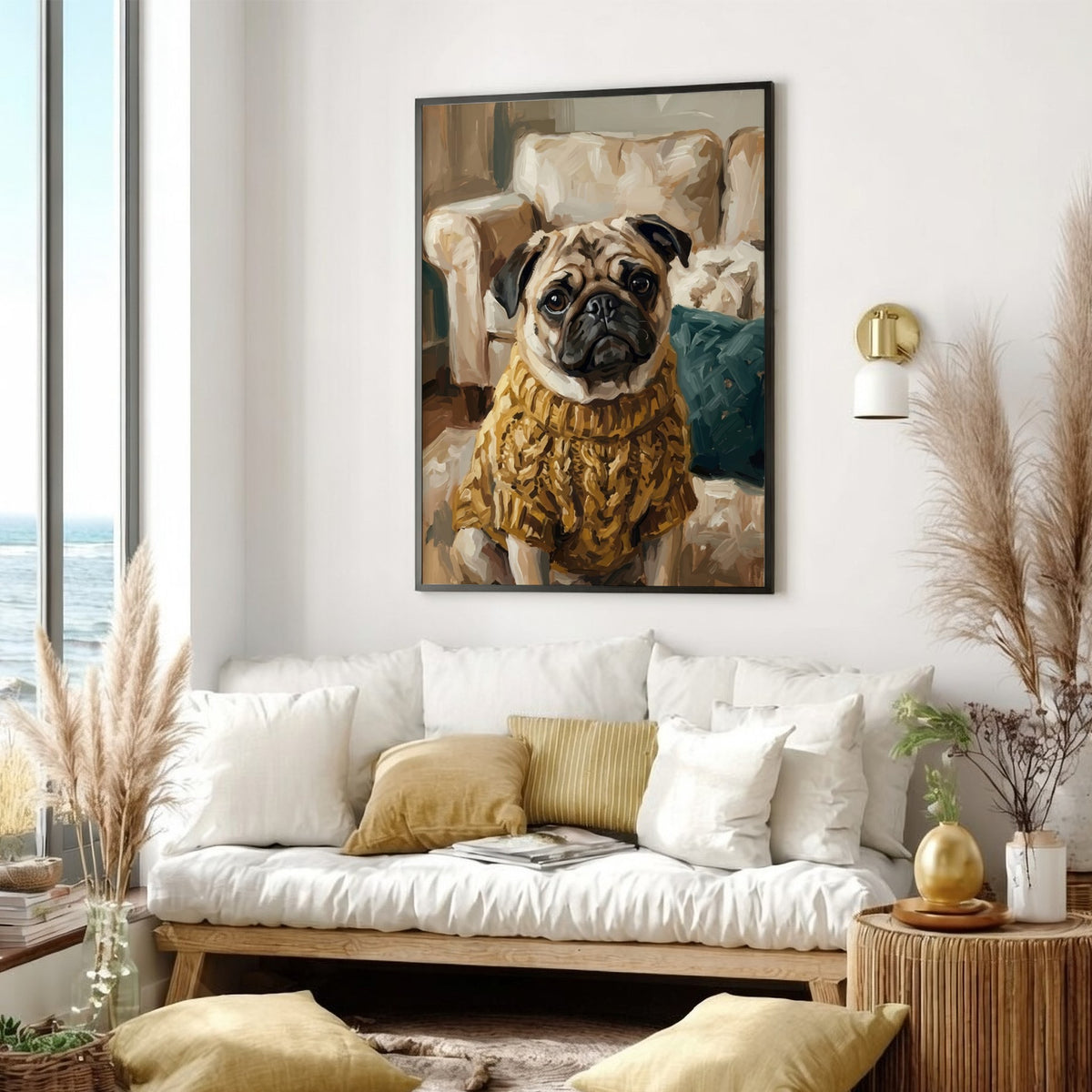 Poster of an expressive pug wearing a textured golden cable knit sweater indoors
