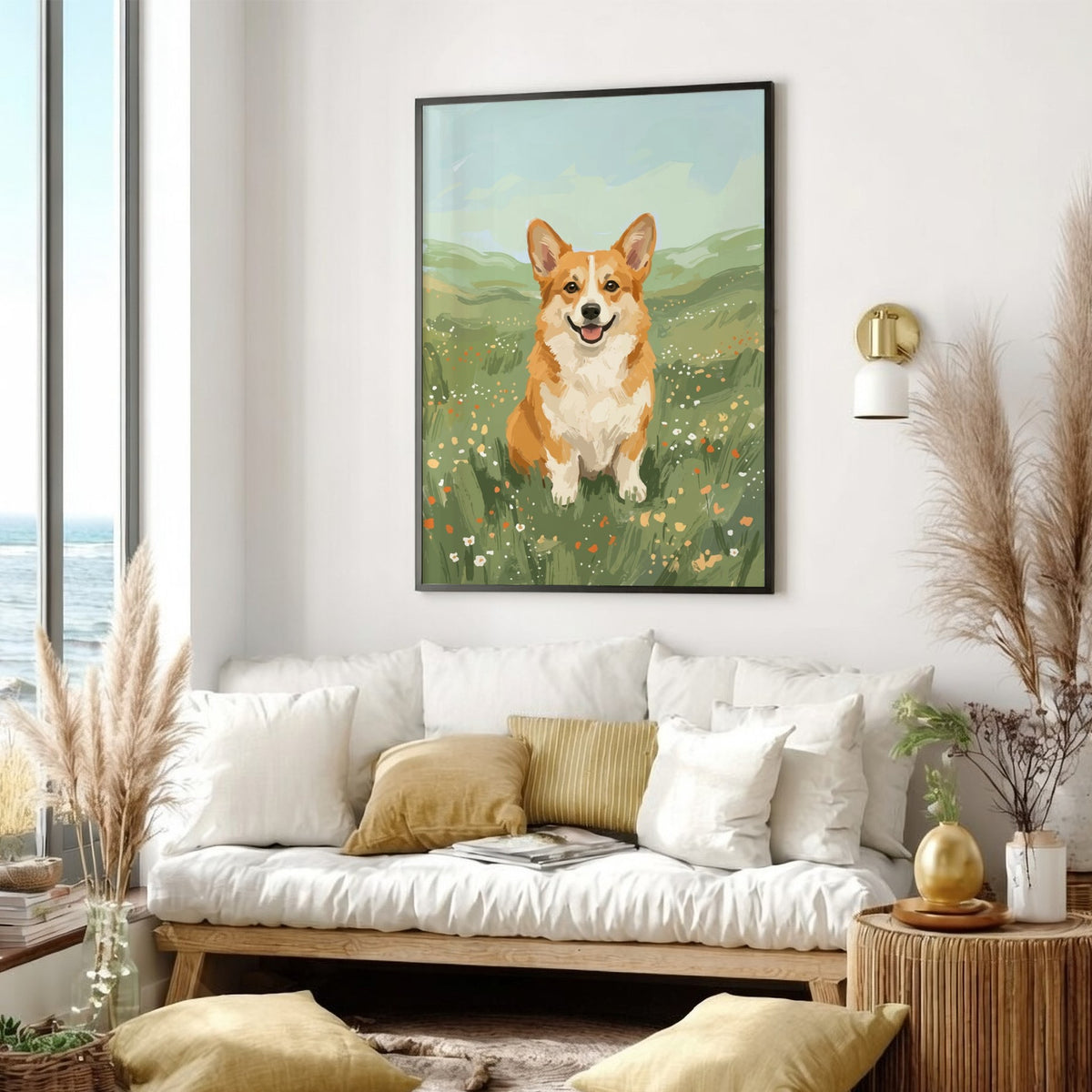 Poster featuring a cheerful corgi sitting in a sunlit meadow with vibrant green grass.