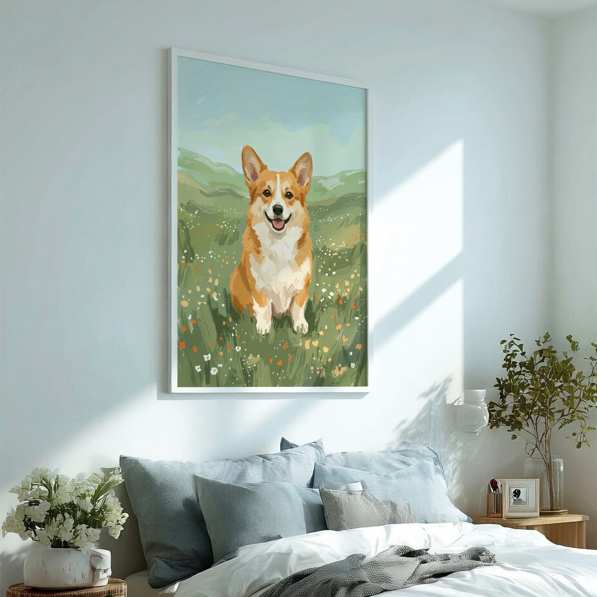 Poster featuring a cheerful corgi sitting in a sunlit meadow with vibrant green grass.