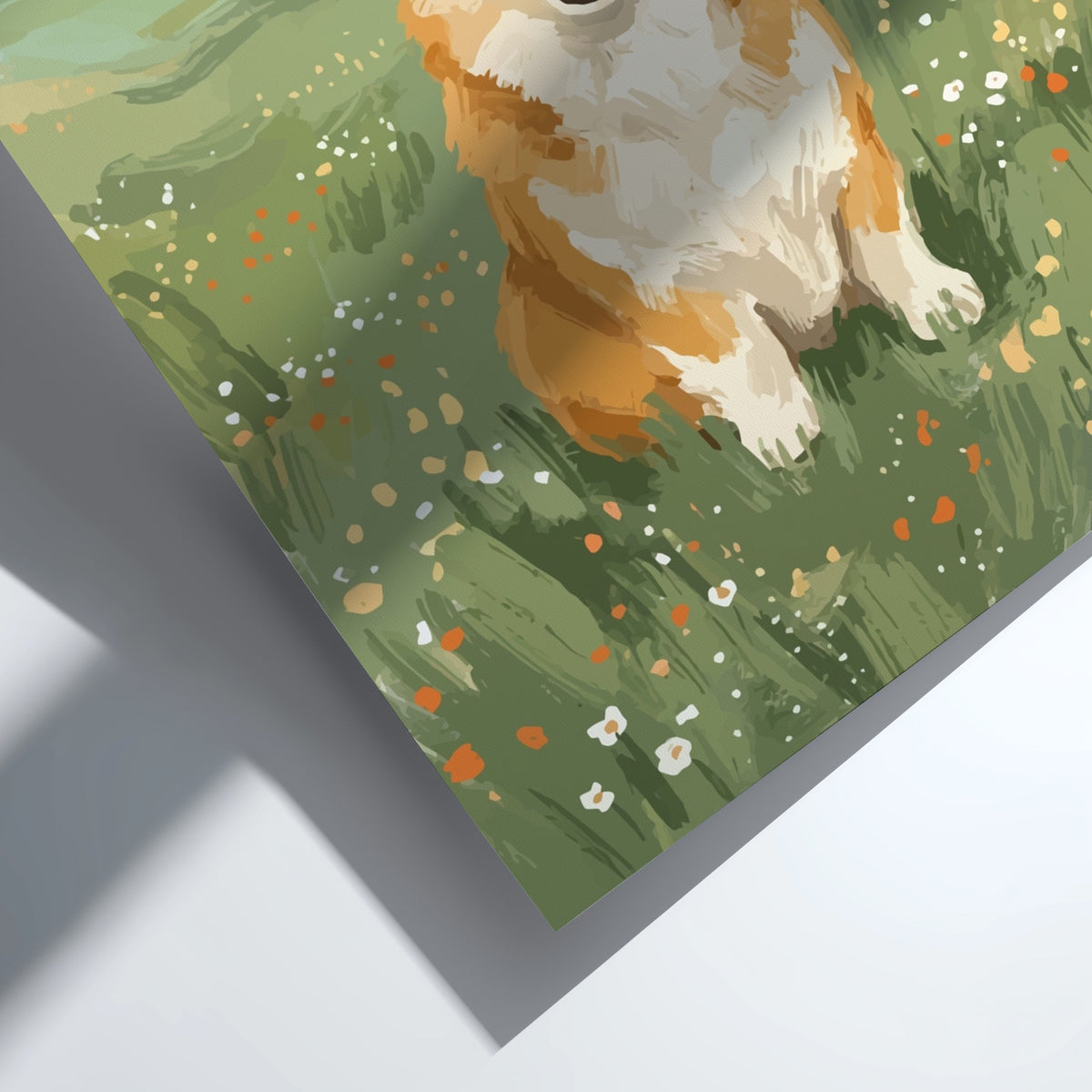 Poster featuring a cheerful corgi sitting in a sunlit meadow with vibrant green grass.