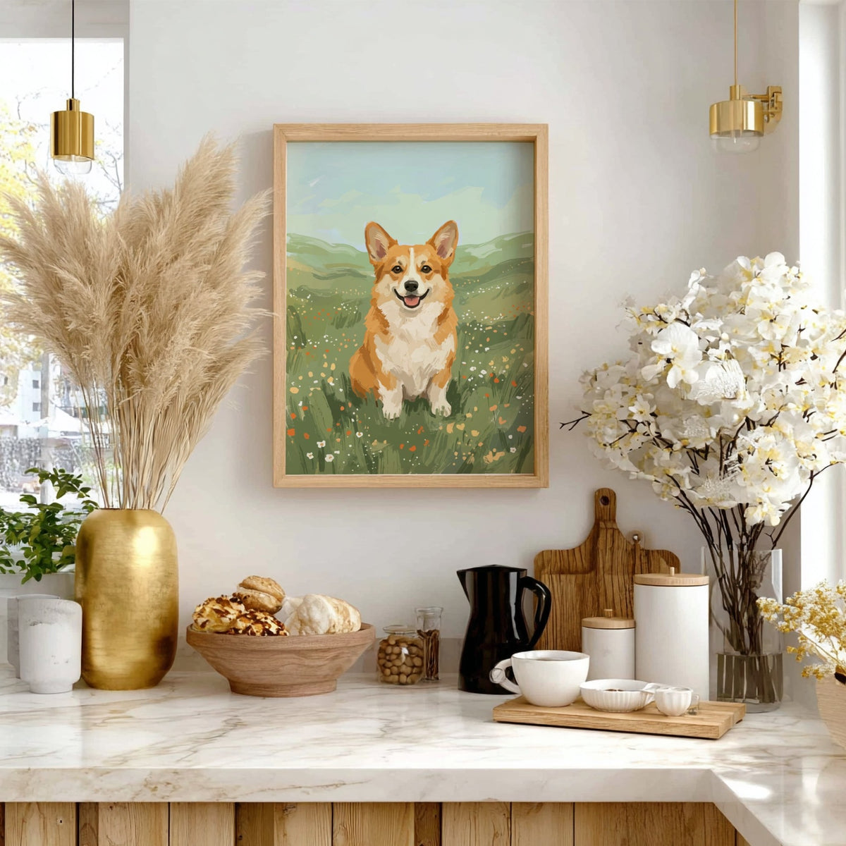 Poster featuring a cheerful corgi sitting in a sunlit meadow with vibrant green grass.