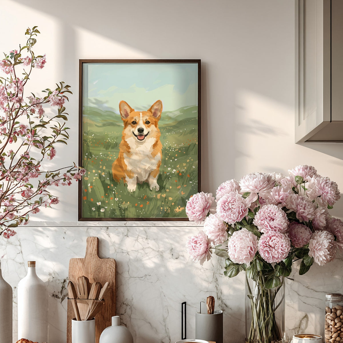 Poster featuring a cheerful corgi sitting in a sunlit meadow with vibrant green grass.