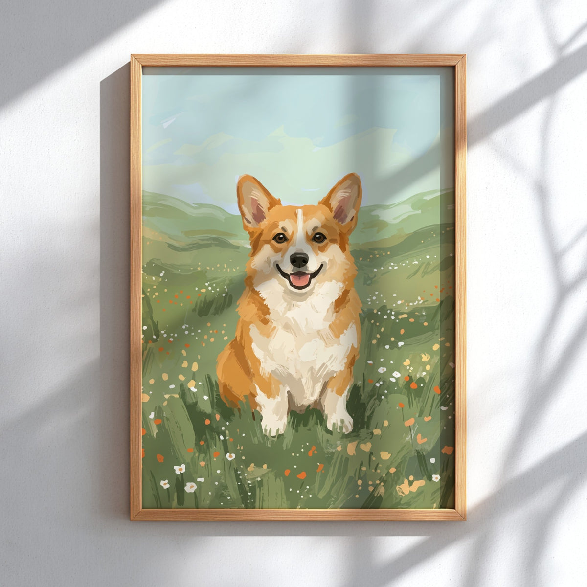 Poster featuring a cheerful corgi sitting in a sunlit meadow with vibrant green grass.