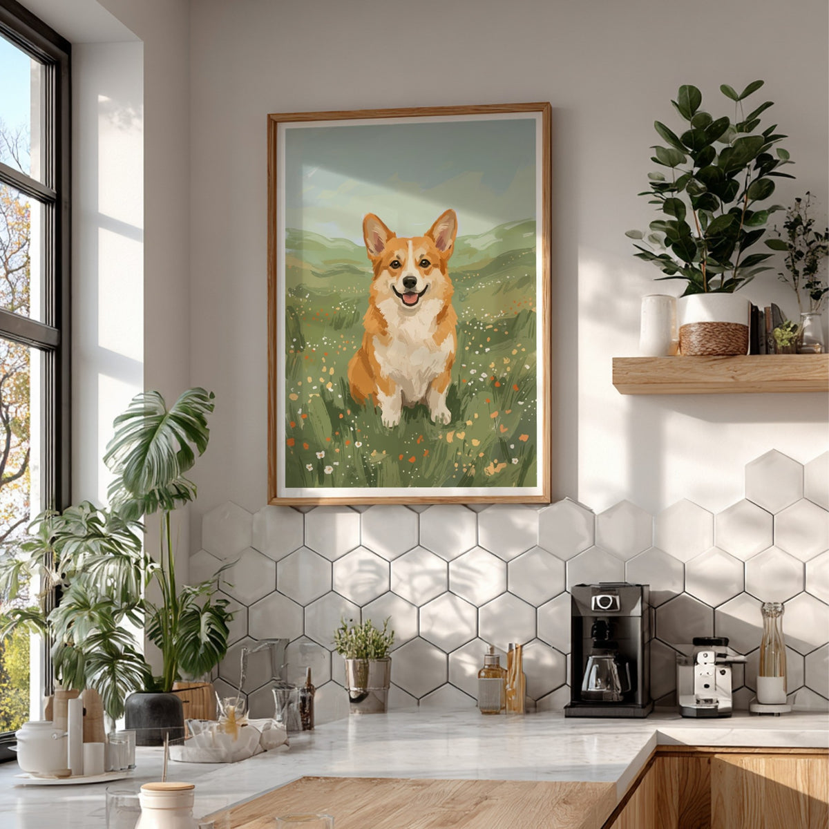 Poster featuring a cheerful corgi sitting in a sunlit meadow with vibrant green grass.