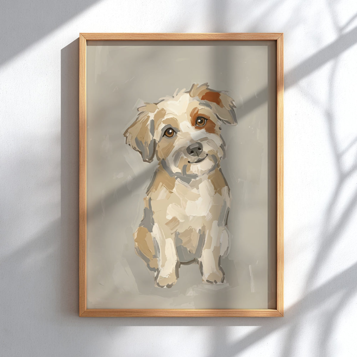 Poster featuring an expressive, painterly portrait of a scruffy terrier in warm neutral tones.