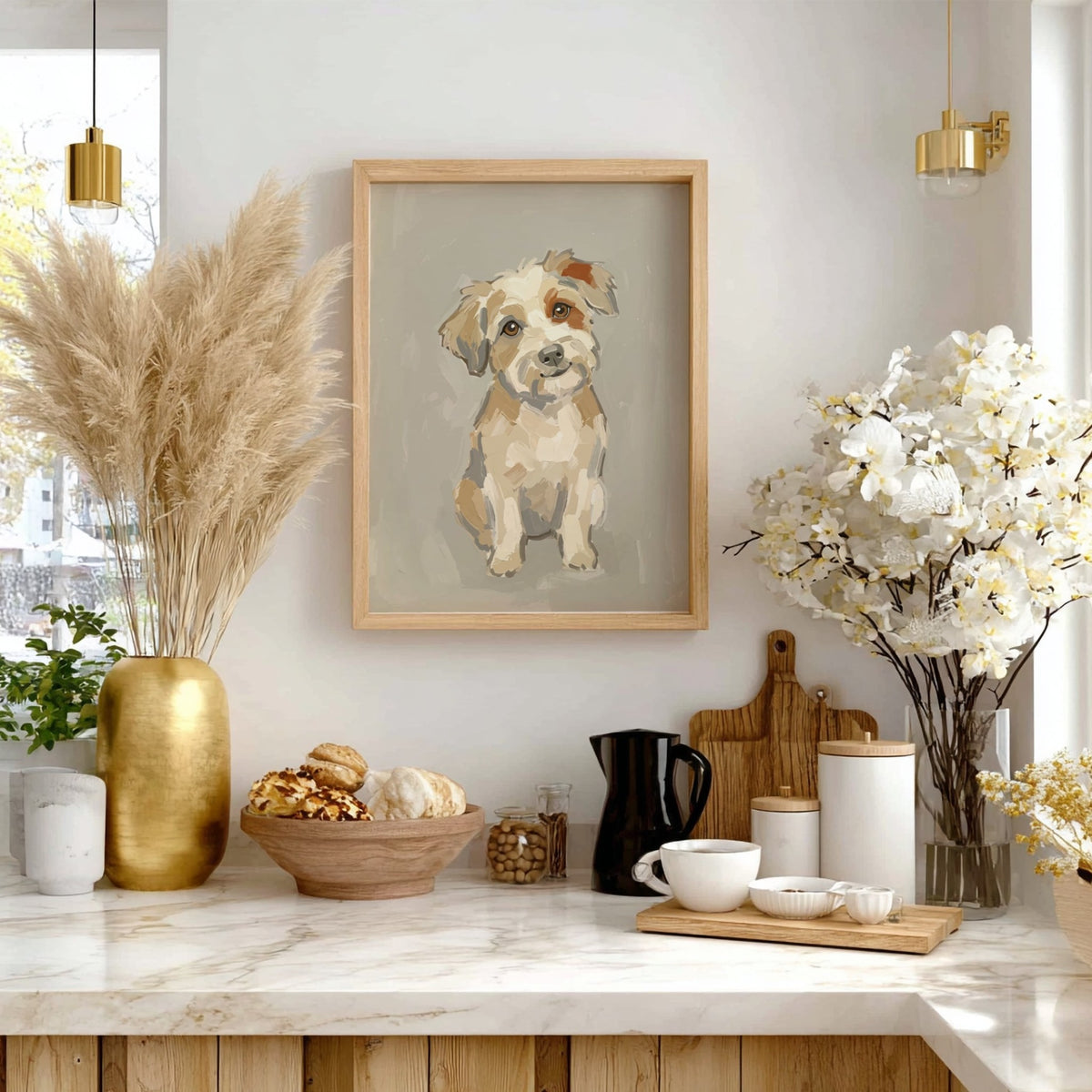 Poster featuring an expressive, painterly portrait of a scruffy terrier in warm neutral tones.