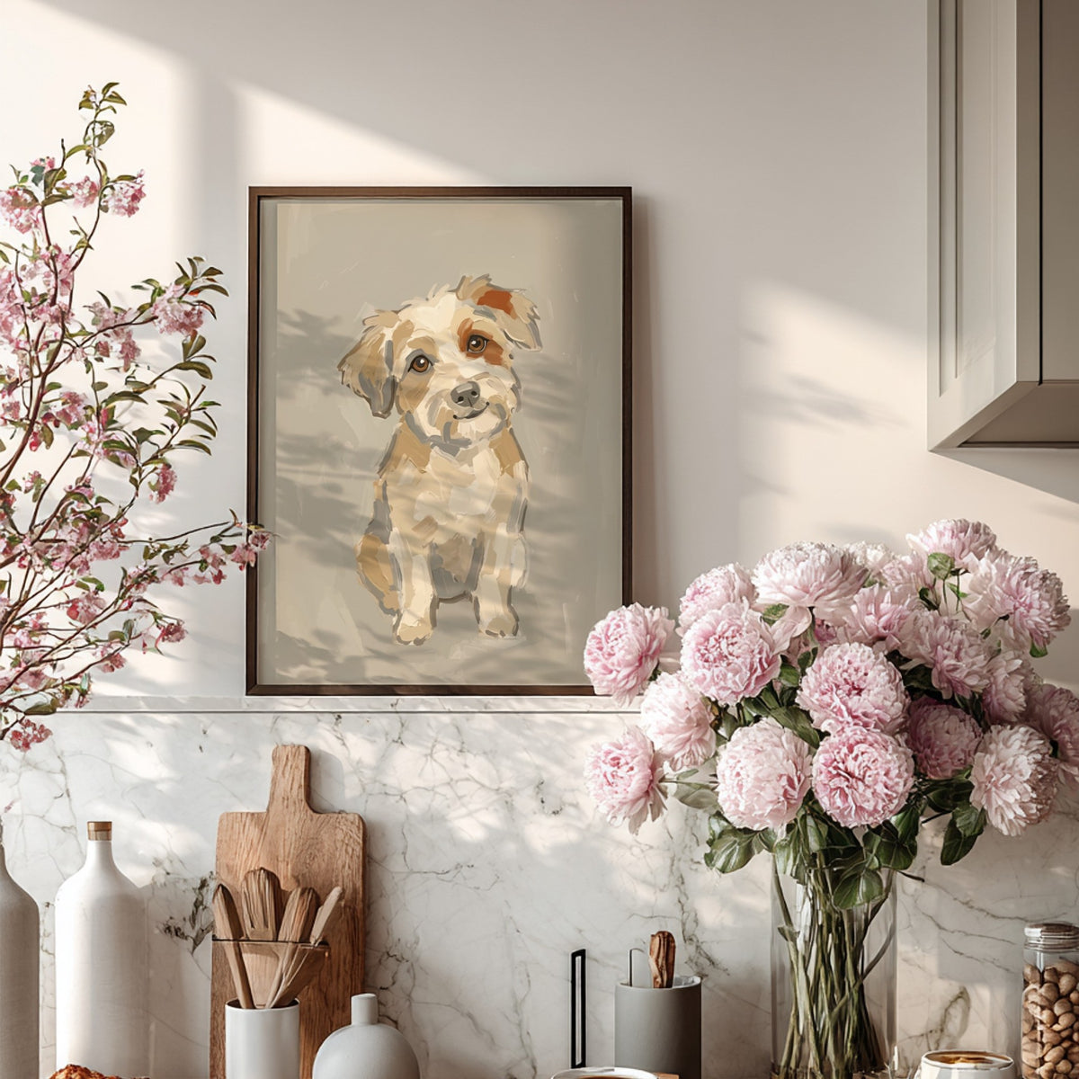 Poster featuring an expressive, painterly portrait of a scruffy terrier in warm neutral tones.