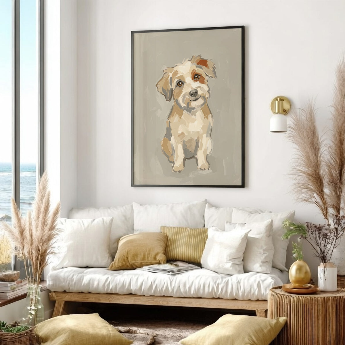 Poster featuring an expressive, painterly portrait of a scruffy terrier in warm neutral tones.