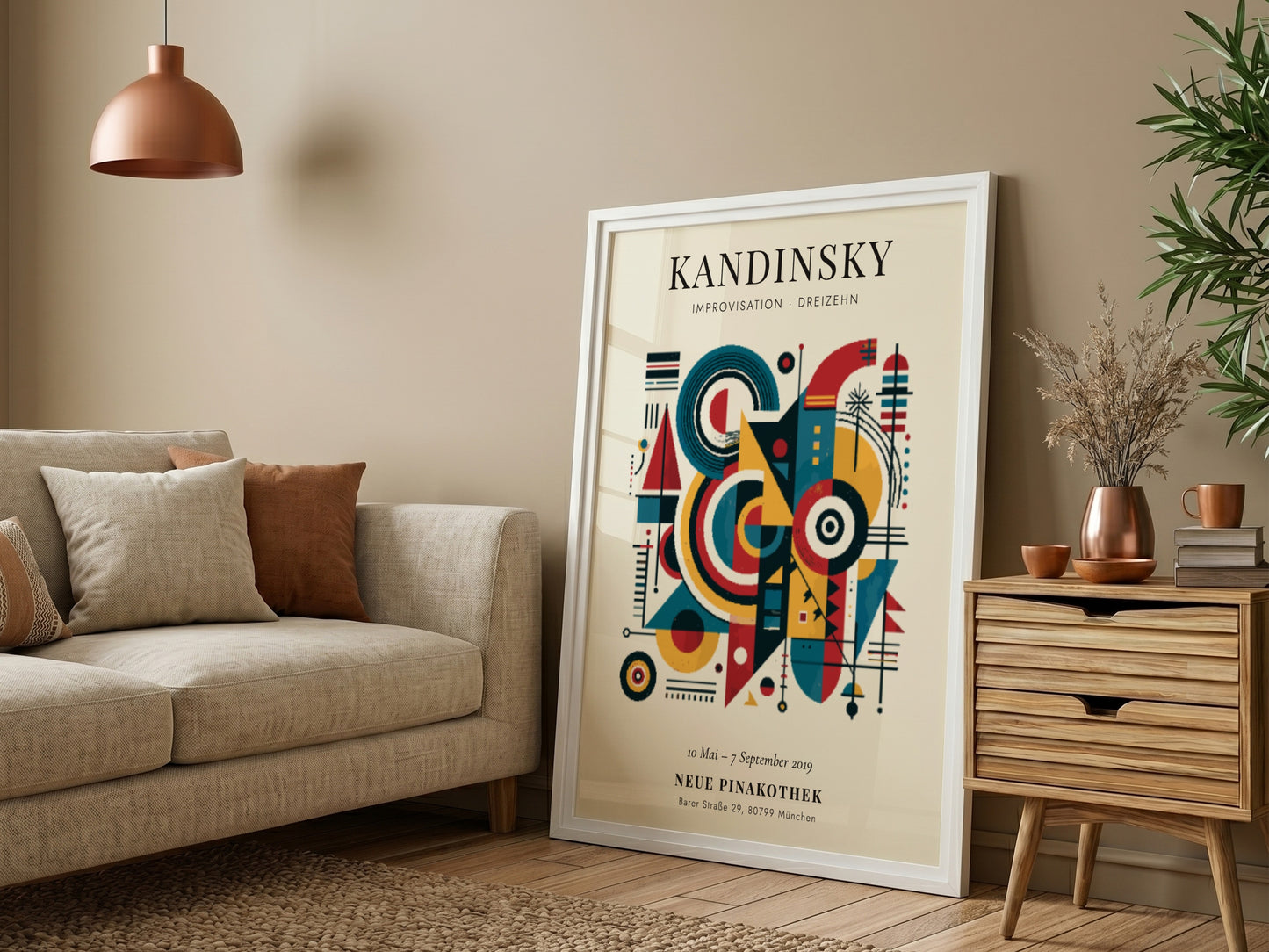 Kandinsky inspired poster with vibrant colors and abstract shapes, perfect for wall decor