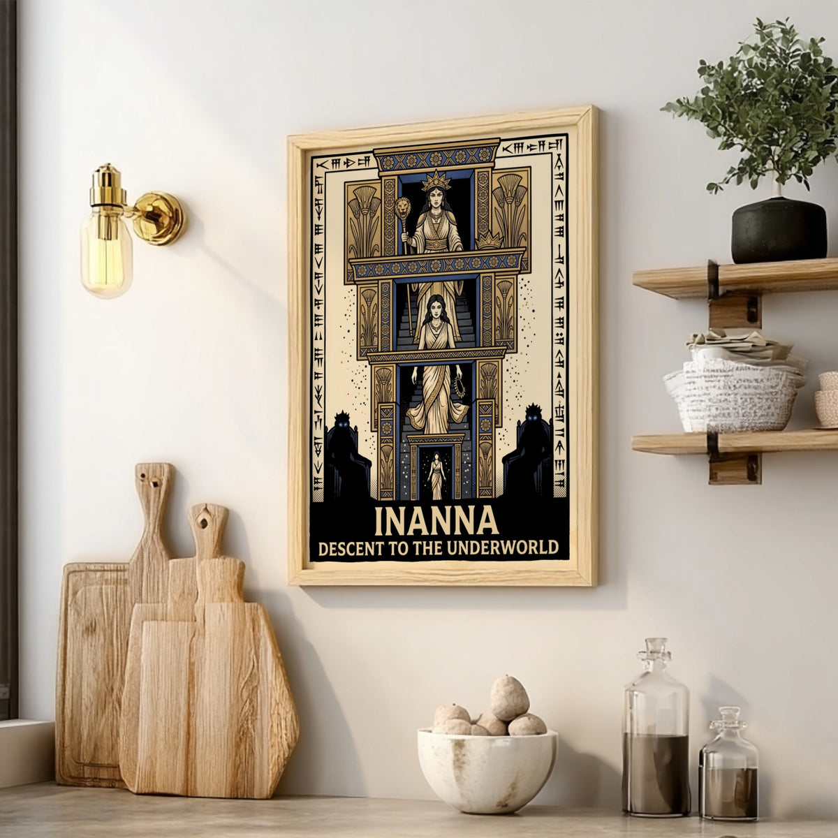 Poster featuring Inanna descending a tiered staircase with ancient cuneiform text and blue gold.