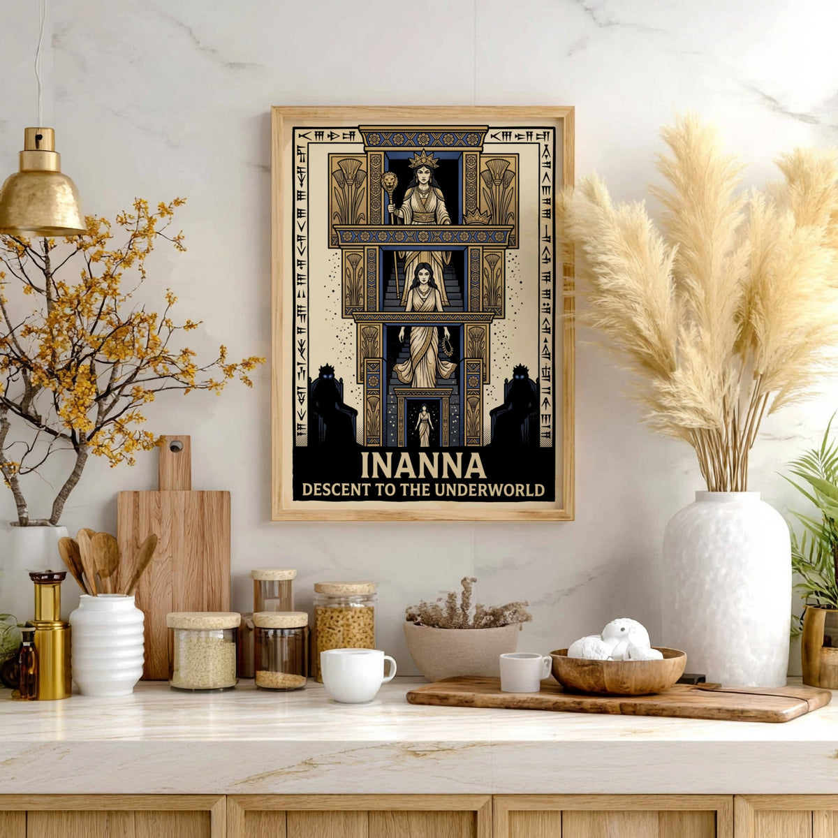 Poster featuring Inanna descending a tiered staircase with ancient cuneiform text and blue gold.