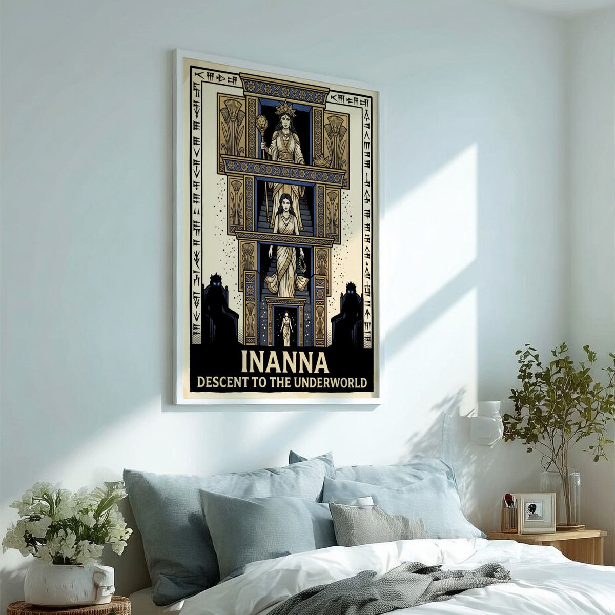 Poster featuring Inanna descending a tiered staircase with ancient cuneiform text and blue gold.