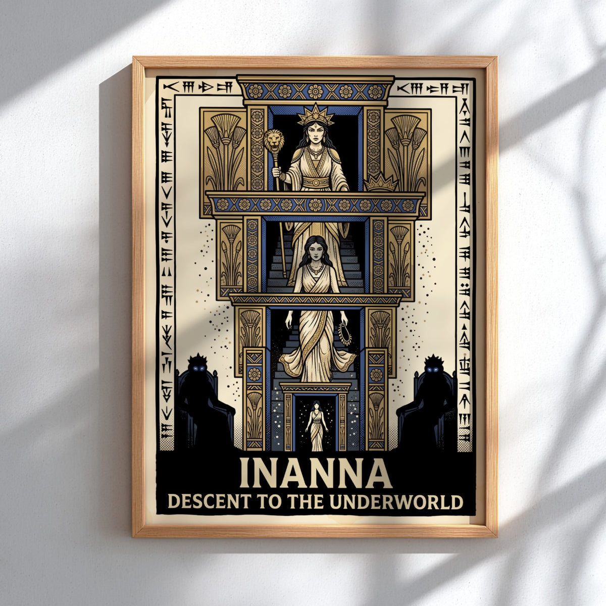 Poster featuring Inanna descending a tiered staircase with ancient cuneiform text and blue gold.