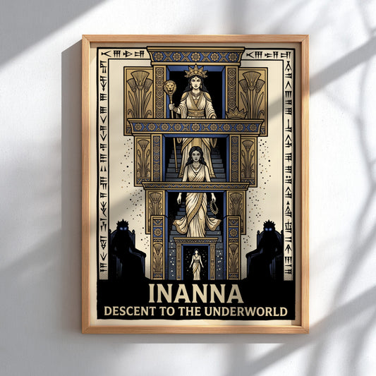 Poster featuring Inanna descending a tiered staircase with ancient cuneiform text and blue gold.
