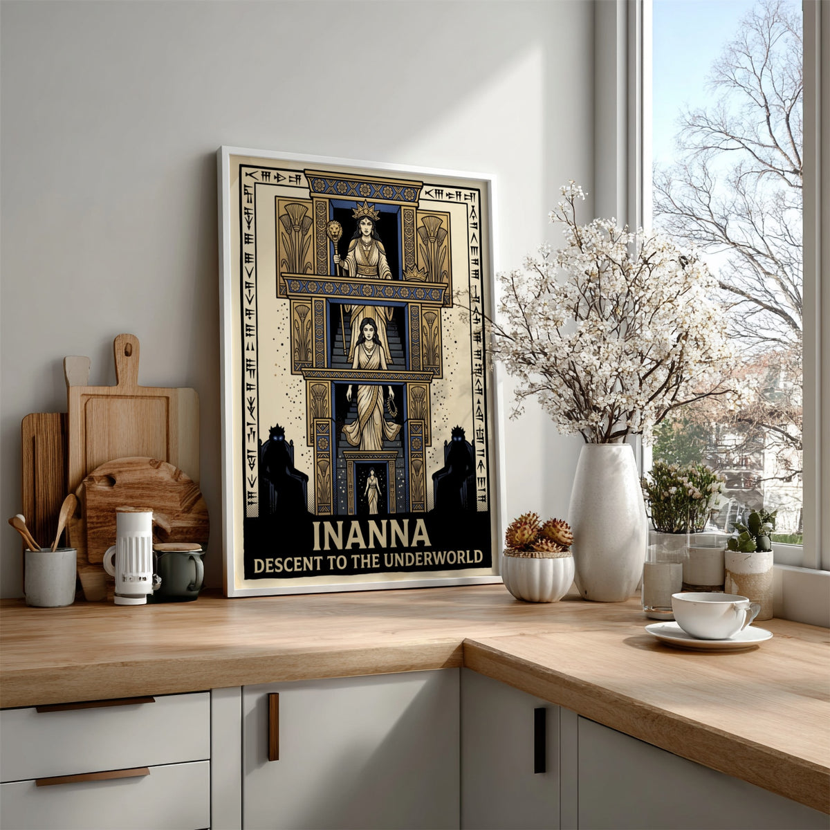 Poster featuring Inanna descending a tiered staircase with ancient cuneiform text and blue gold.