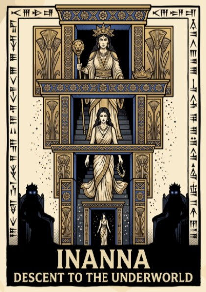 Poster featuring Inanna descending a tiered staircase with ancient cuneiform text and blue gold.