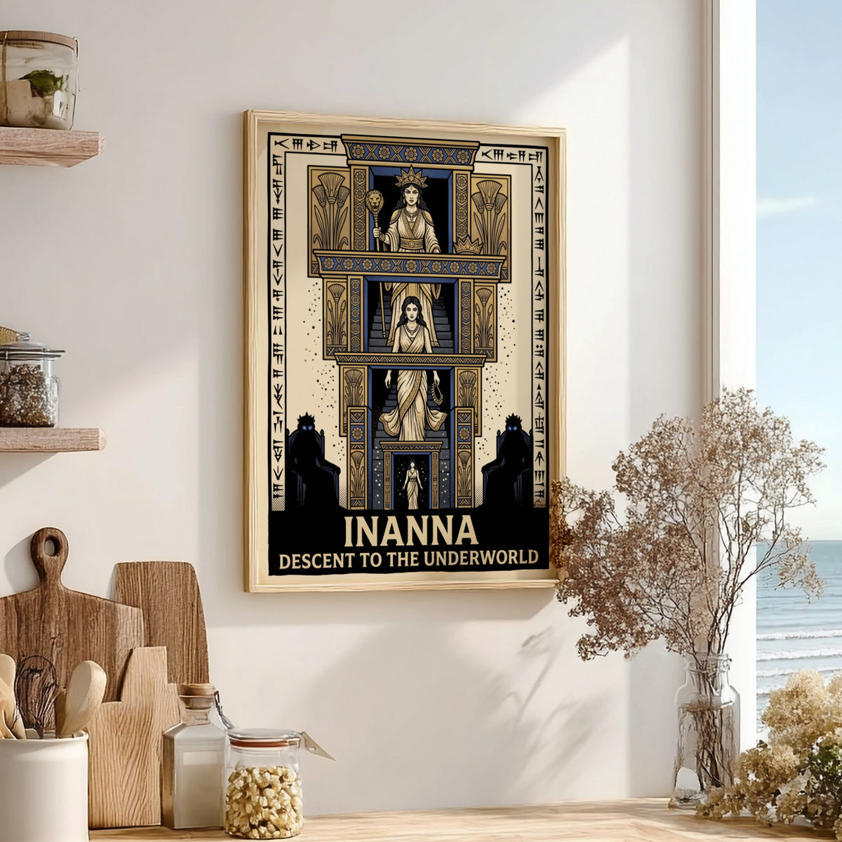 Poster featuring Inanna descending a tiered staircase with ancient cuneiform text and blue gold.