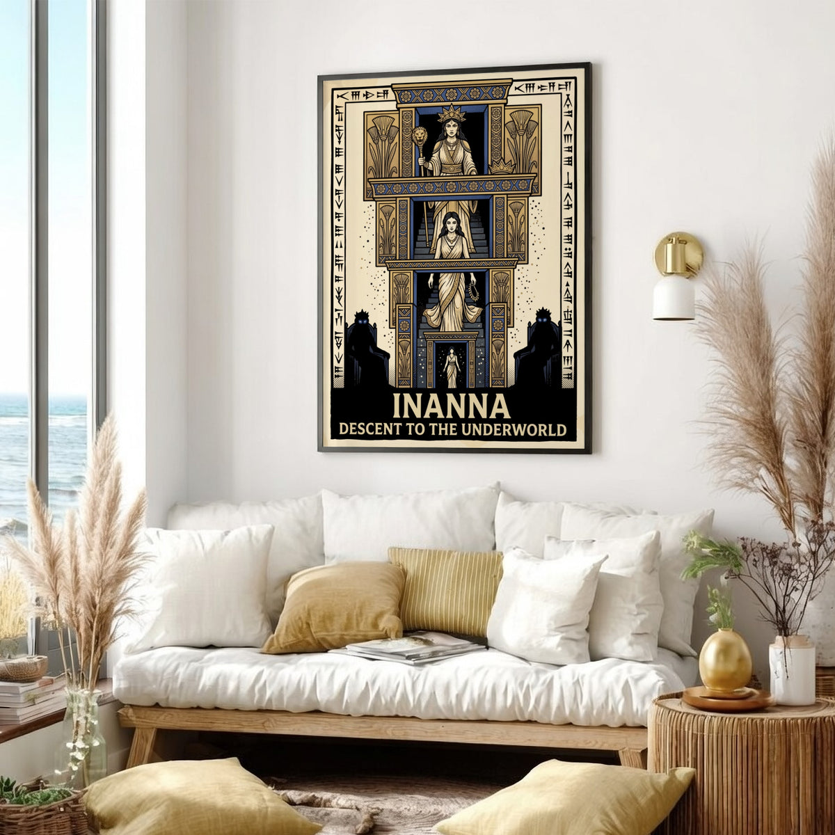 Poster featuring Inanna descending a tiered staircase with ancient cuneiform text and blue gold.