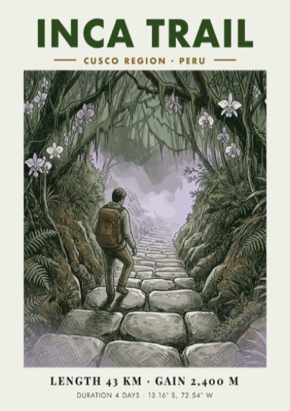 Poster of a hiker walking up stone steps on the lush Inca Trail Peru