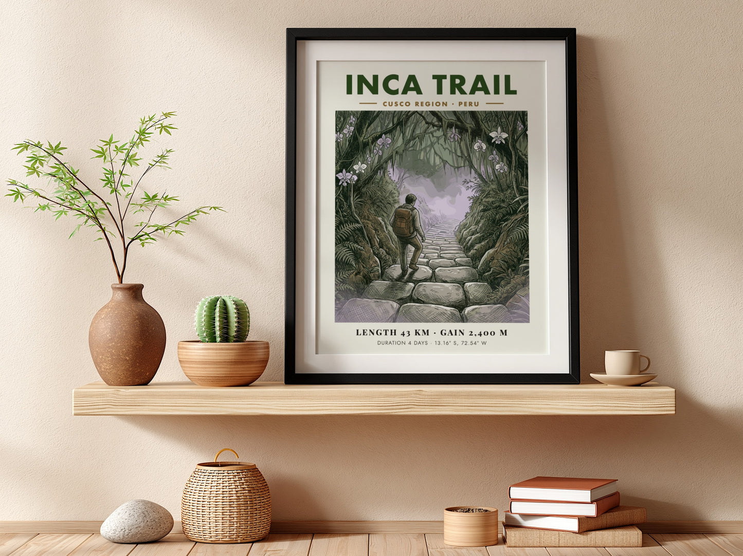 Poster of a hiker walking up stone steps on the lush Inca Trail Peru